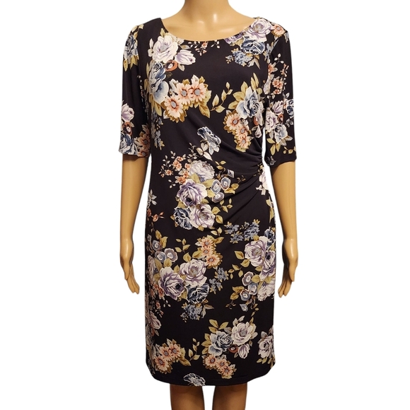 Connected Apparel Deep Pruple Faux Wrap Flroal Stretchy Dress Size 8P - Picture 4 of 15